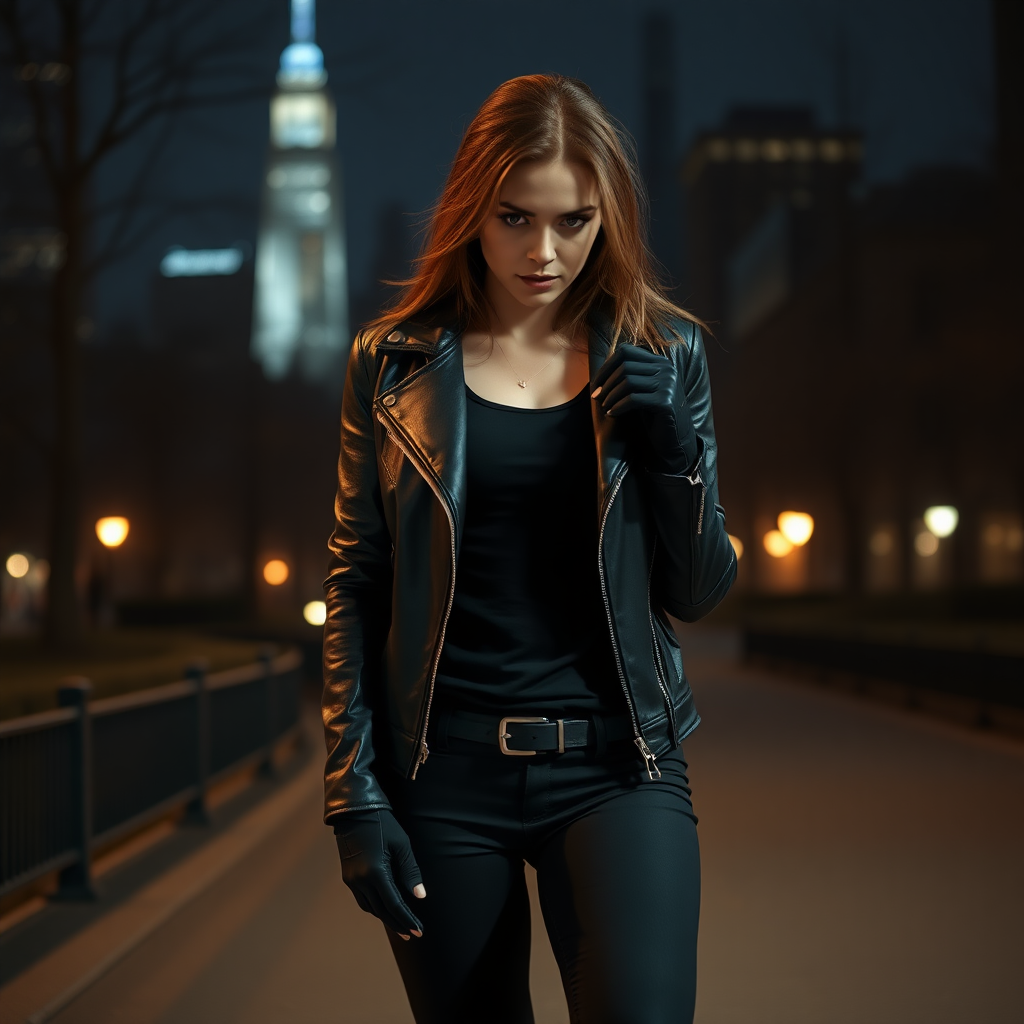 A beautiful badass female burglar in black leather jacket over black t-shirt with black pants and gloves in Manhattan park at night.