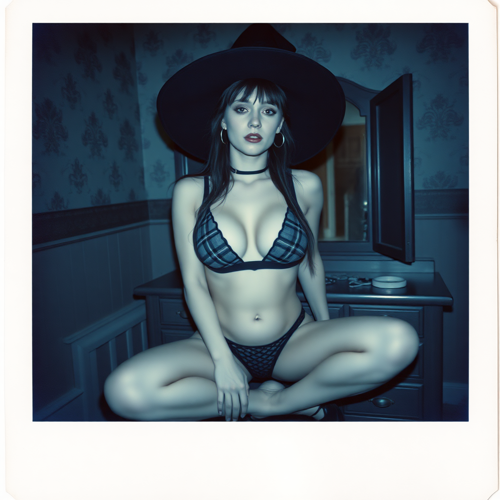 can of an old polaroid photo with heavy dark vignetting and a blue color tint to the photograph and visible light leaks. The photo depicts a sexy alt goth woman with pale skin. She has large breasts with ample cleavage and is wearing a plaid bra with triangle-shaped cups. She is wearing a witch hat. The image looks hazy and grungy. She is in an old house with wallpaper on the walls. Dark lighting with camera flash used. Candid. She is wearing a tiny revealing lace thong. She is sitting on a built-in vanity with a mirror with her knees spread apart. She is wearing black high heels.