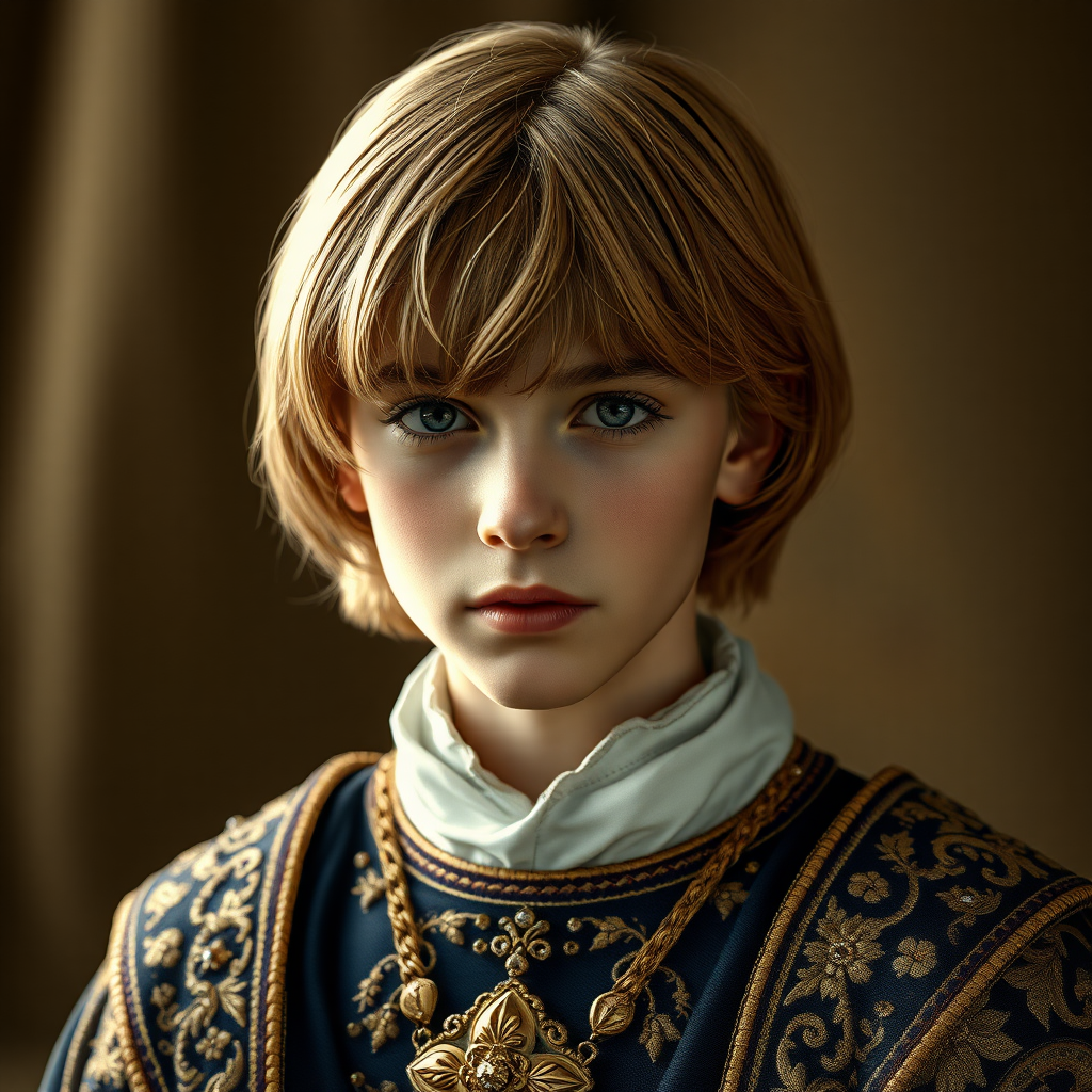 16yo teen boy prince, long bob cut, embroidered with gold and diamonds medieval cloths. 
photorealistic, ultra high resolution, 16K,