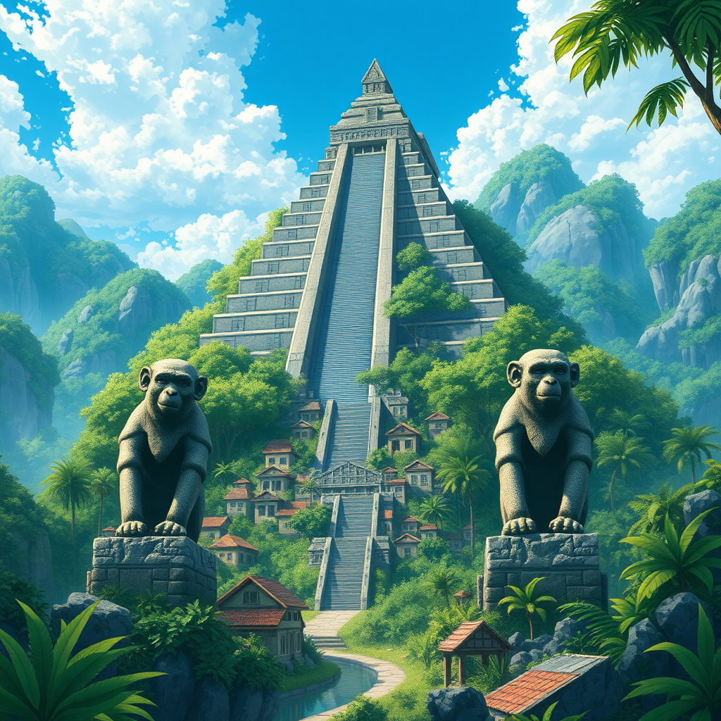 A visually stunning depiction of an anime-style landscape featuring a lush jungle realm, characterized by an ancient Mayan-inspired city filled with residences made of stone. Dominating the scene is a colossal pyramid temple, flanked by two impressive stone monkey statues.