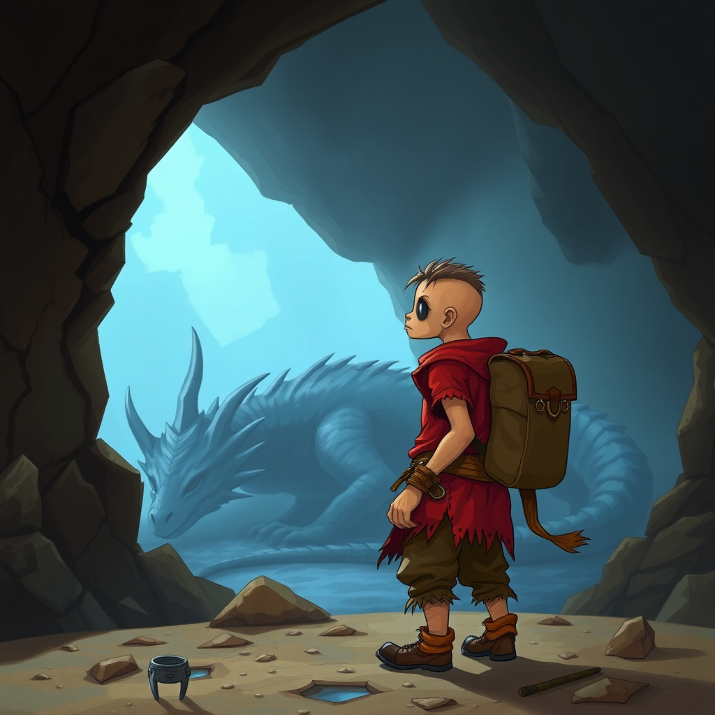 A dungeons and dragons style small, skinny, light brown, kobald monster in a tattered red tunic and dirty brown pants wearing a backpack on his back who is looking at a large sleeping dragon in a cave