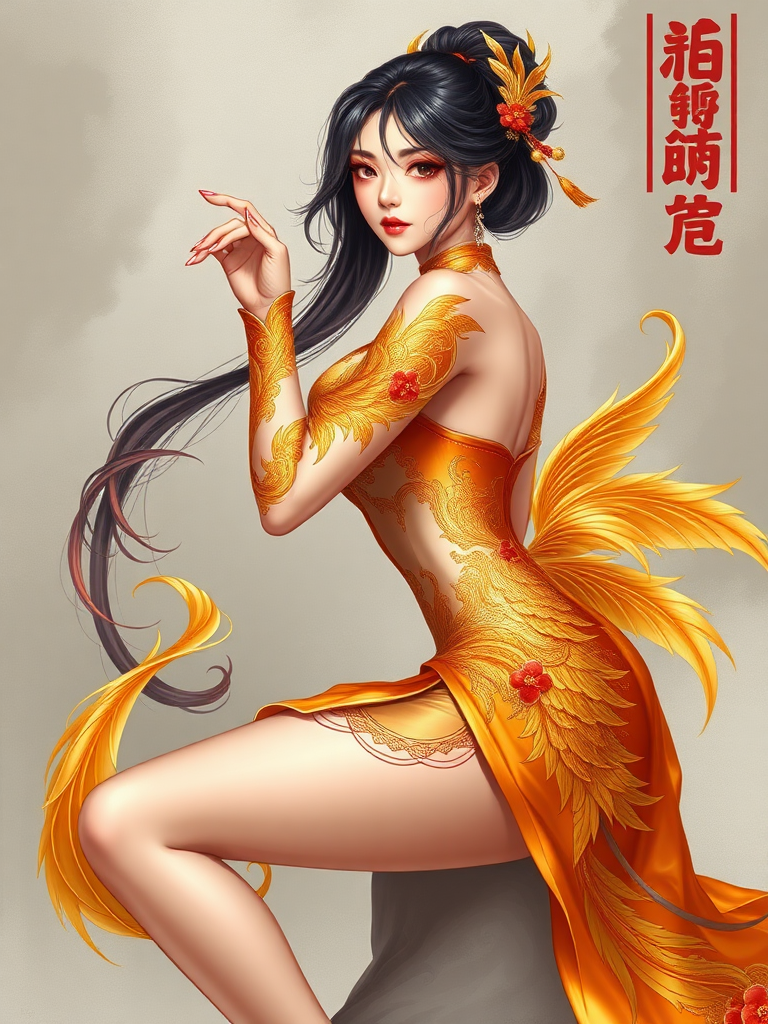 a semi anime chinese female, with gold Phoenix themed outfit, in sexy pose, hand pose, legs pose, in simi realism painting art style, Dynamic sense