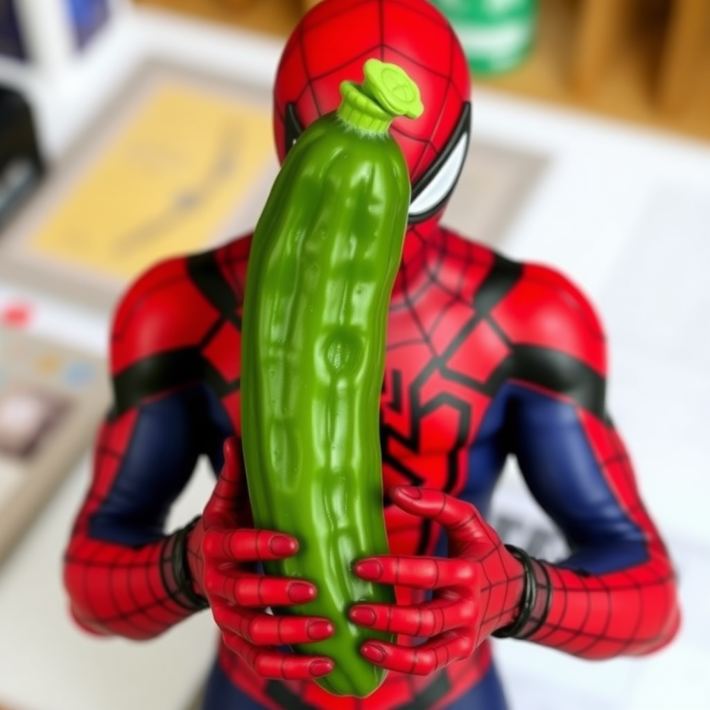 Generate an image of picholas cage

Lol so I have this yodeling pickle toy that I keep near my desk, we put it in Spiderman’s arms, the kids kept pressing the button so I said “If you keep pressing that button, Picholas Cage will show up”.

That has evolved into this swamp creature that’s a pickle man that has a curse. Most of it was made up by the kids.