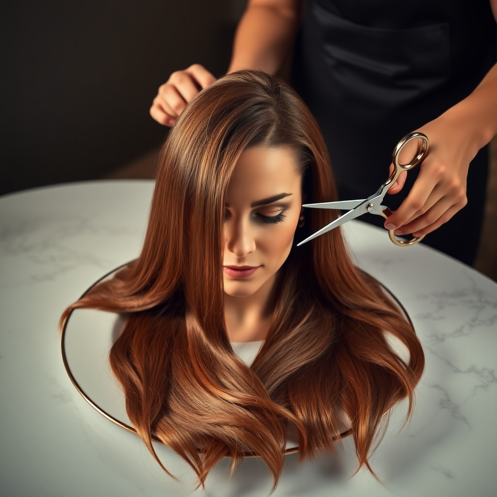 In a bizarre, surreal tableau, the polished surface of an elegant dining plate cradles the disembodied head of a strikingly beautiful Kate Middleton, her long, flowing hair cascading like a glossy waterfall of deep chestnut and honey highlights. The hair is luxuriously arranged, strands shimmering under the soft, ambient light that bathes the scene in an ethereal glow.

A skilled hairdresser, clad in a sleek black apron, stands poised with a pair of gleaming scissors, carefully trimming the endlessly luxurious locks that frame Kate's serene, almost ethereal features. The air is thick with the scent of salon products mingling with delicate hints of floral fragrances, creating an unusual yet strangely inviting atmosphere. The hairdresser's focused expression reveals a meticulous dedication as snippets of hair fall gracefully onto the pristine plate, echoing a sense of both artistry and absurdity.

The overall emotional tone conveys a dreamlike quality, inviting viewers to ponder the juxtaposition of beauty, identity, and the bizarre circumstances that bind them in this extraordinary moment.