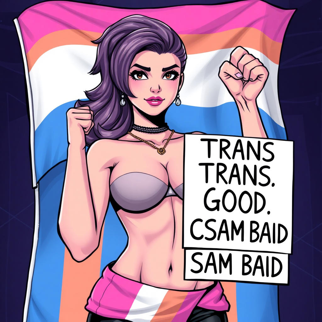 a busty transgender woman in undertale with the transgender pride flag raising her fist holding a sign that says "TRANS GOOD, CSAM BAD"