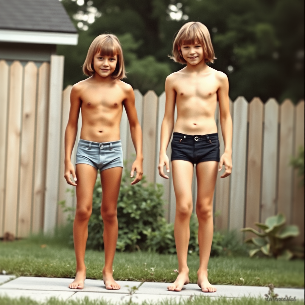 Two tall 14-year-old teen boys, long hair bob cut, wearing very tight dolphin shorts, long legs, narrow thighs, full-length front view. 1970s. Playing at backyard. Photorealistic, ultra high resolution, 16K. Negative: grainy, blurry, bad anatomy, extra limbs, watermark.