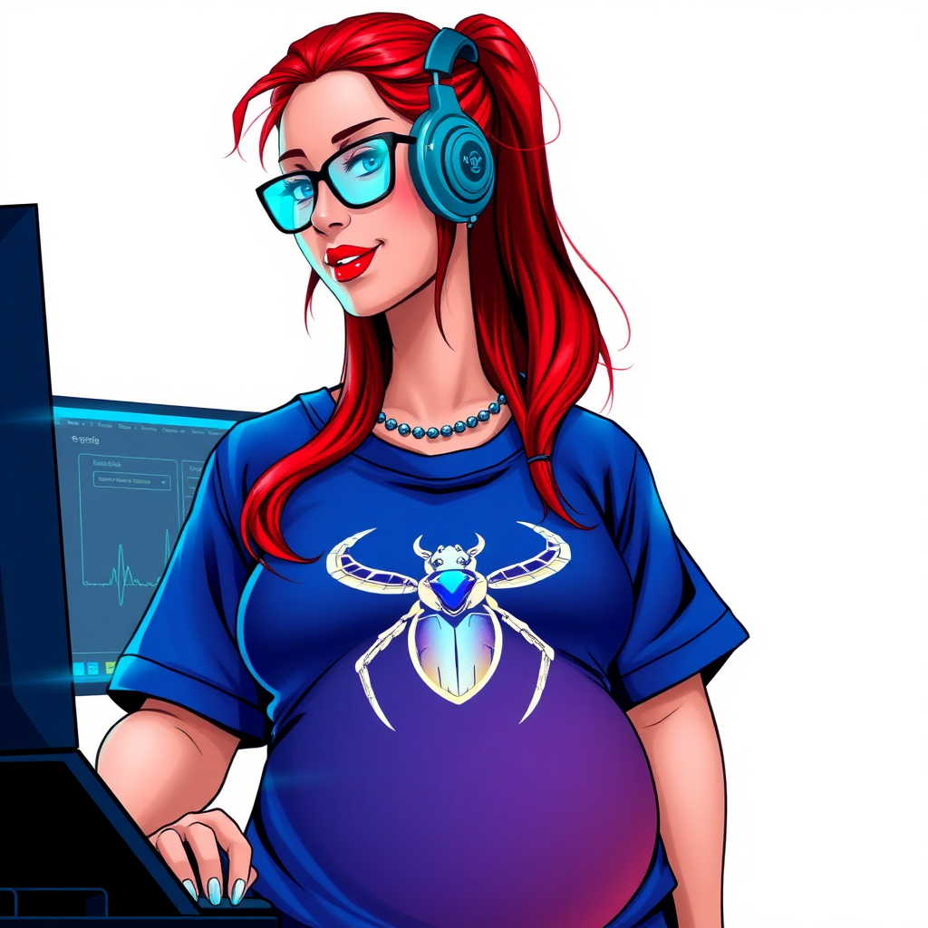 A cyberpunk vigilante’s full-figured intelligent and tech-savvy 28-year-old girlfriend, who is a computer hacker and tech genius. She has a long ruby red ponytail. She wears maximum blue lipstick, bright blue eyes, a sapphire beetle gemstone necklace, sapphire earrings, black eyeglasses, and an oversized maximum blue t-shirt featuring a blue sapphire gemstone crusted beetle chest icon. She has a full-figured physique with a prominent, massive, round belly, reflecting her well-cared-for lifestyle. She sports a sapphire headset with a hi-tech maximum turquoise lensed HUD, and a shy smile with a neon red blush. She serves as his tech expert from his hideout, diligently working at her lab table computer desk. The background is solid white. She is drawn as if she was in a retro 2D cyberpunk fighting game. Ensure her t-shirt covers her belly.