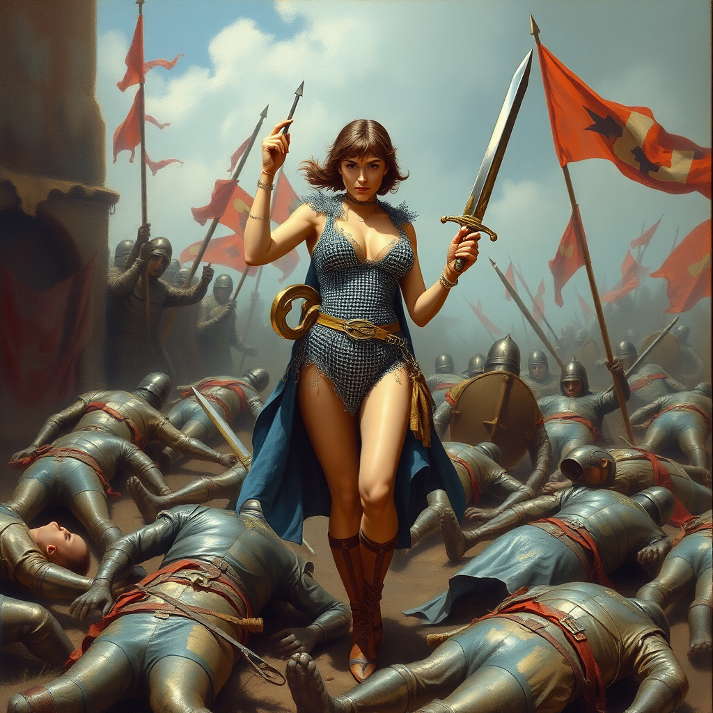 Mary Poppins wearing bikini chainmail. She carries a short sword and is surrounded by the bodies of fallen soldiers. Painting style of Frank Frazetta.