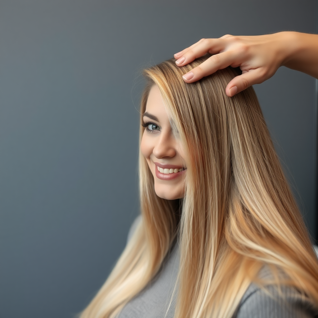 POV, beautiful very long haired blonde woman sitting in a hair salon smiling at the camera while I reach out from behind the camera to massage her scalp. My fingers are in her hair rubbing her scalp while her hair is covering my hands. Plain gray background.