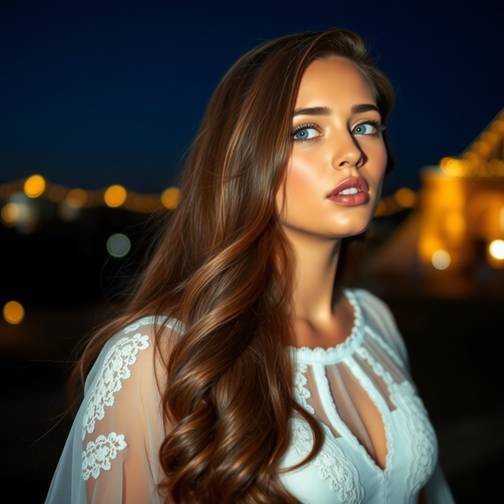 a young woman singing. she is looking like lucy thomas. long brunette hair with highlights, narrow pale blue eyes. suntanned skin. small lips with pale red lipstick. looking to the side. wearing a long white dress with transparent lace. view from far. night sky in background. photo