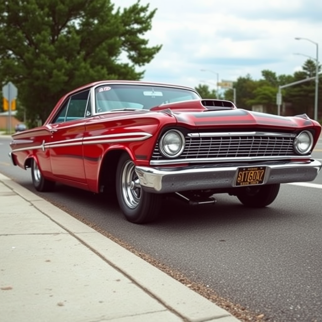 The drag car is parked on the side of the road, inspired by Taiyō Matsumoto, tumblr, restomod, nd4, c4 metallic shine classic american low rider custom paint ford