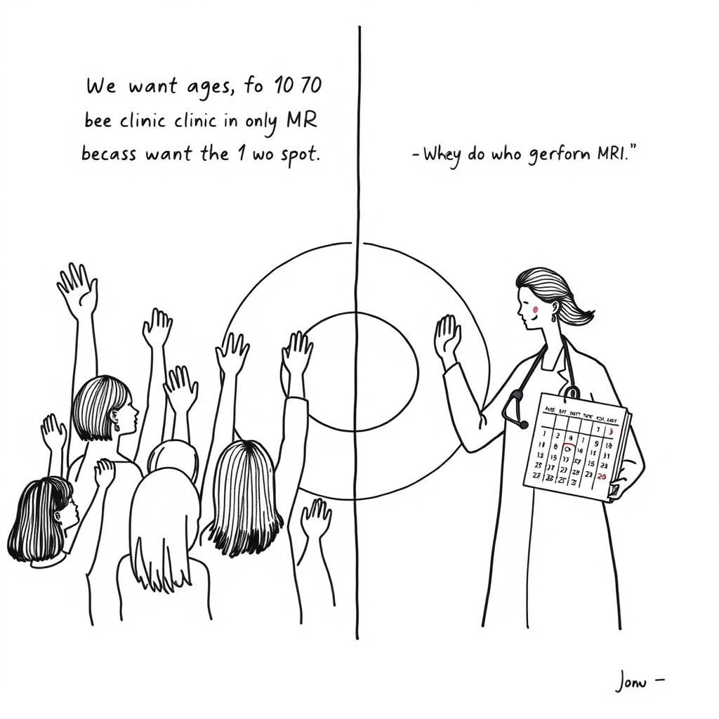 Create an image with two sides, on the left there are 10 women in ages 40 to 70 years old raising one hand because they want the only spot that is available at the clinic to perform MRI, on the right side, the woman doctor who has calendar in the hand is stressed about deciding who will get the spot. The style is a minimalist drawing with only black ink.