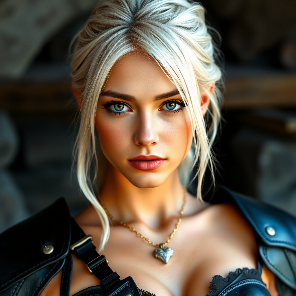 Portrait of a beautiful young platinum blonde woman with green eyes, a suntan, light brown eyebrows, and large breasts. She is wearing black leather armor and a gold necklace with a small heart pendant.