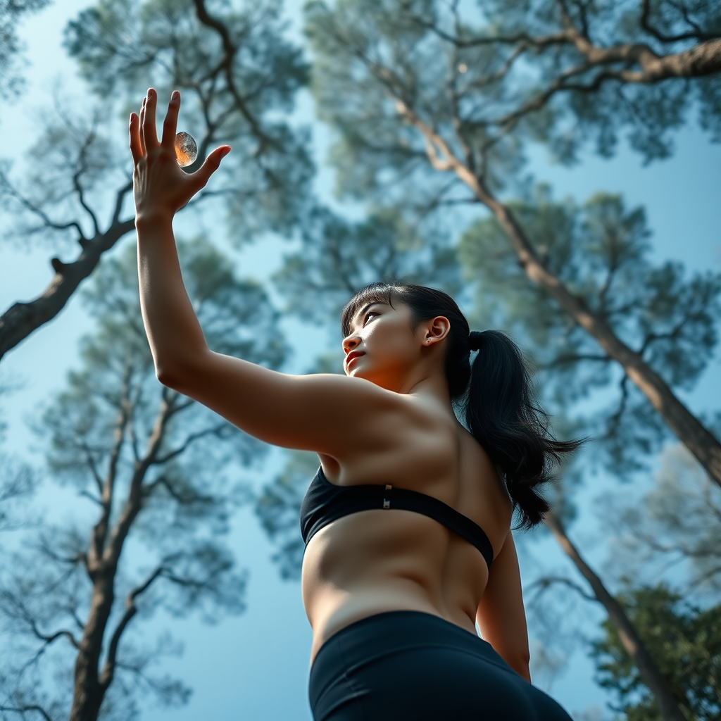 photo full body low angle shot athletic xiaomeimei holds her arm outstretched, looking at something resting on her palm. above her are the tops of trees. negative: bad anatomy