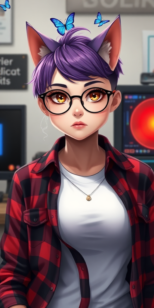 female lesbian cat-man with a big chest, 90E, without makeup, serious with little blue butterflies on top of the head, a round face, with a purple undercut hairstyle, hazel eyes, dimples on the cheeks, chubby cheeks, wearing semi-round glasses, a red and black checkered shirt open over a white t-shirt, in front of a desk with a gaming PC, in digital art