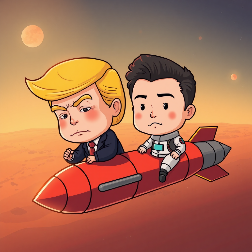 chibi version of Donald Trump and Elon Musk on a missile to Mars