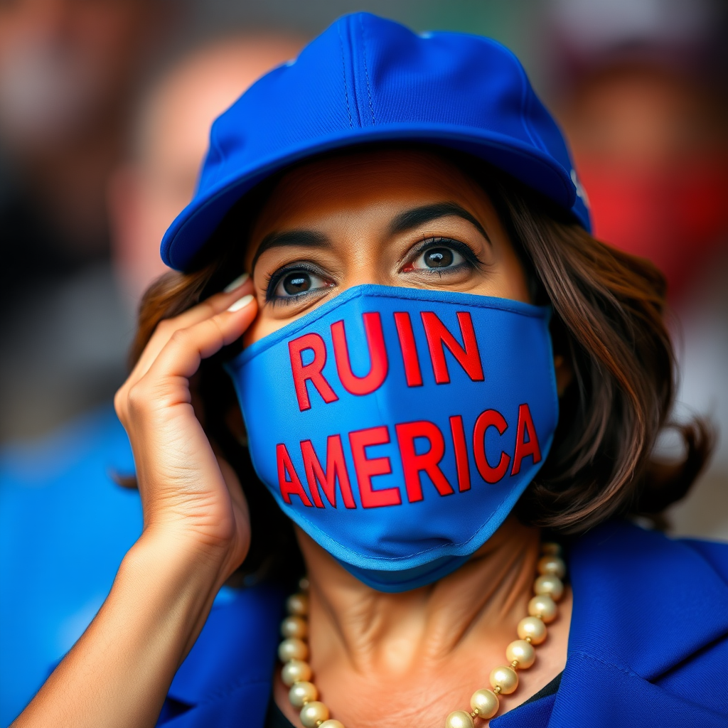 Kamala Harris wearing blue cap with text "RUIN AMERICA"