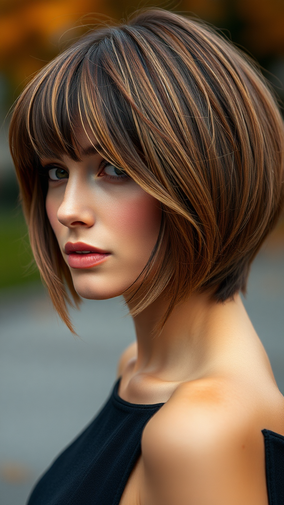 Gisele Bündchen with a Bowl Cut hairstyle in various shades of color, featuring autumn chestnut foliage, in high definition.