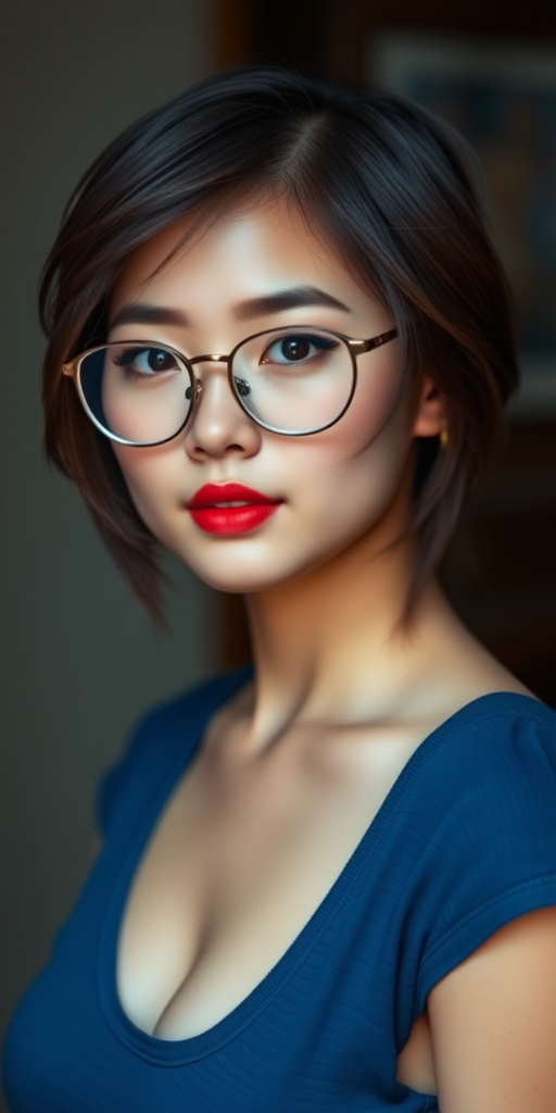 A beautiful Chinese girl, short hair, wearing glasses, curvy figure, small breasts, blue clothes.