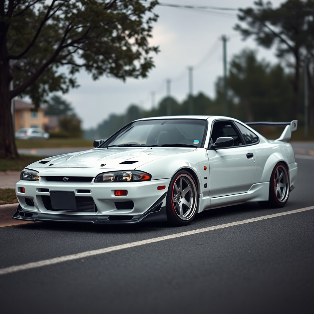 concept tuner nissan silvia s14 the car is parked on the side of the road, inspired by Taiyō Matsumoto, tumblr, restomod, nd4, c4