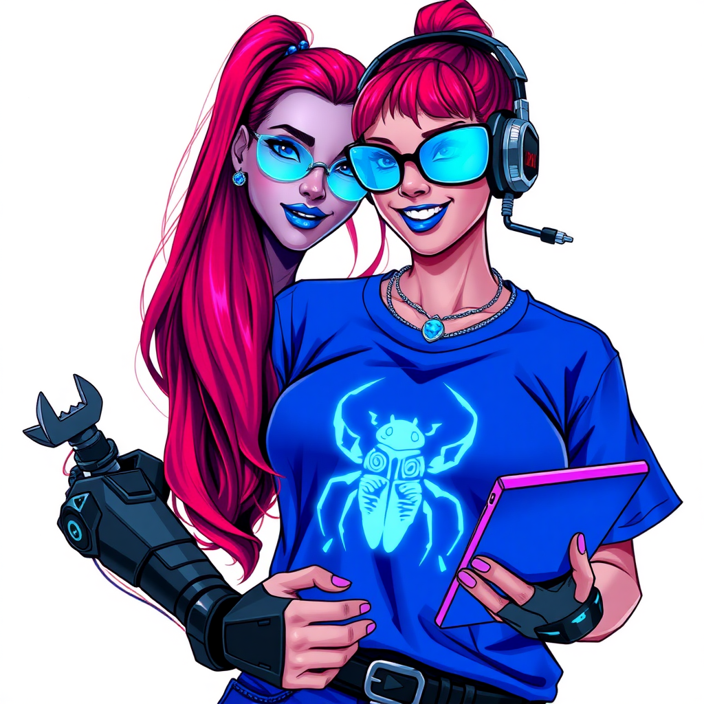 A cyberpunk vigilante’s intelligent and tech-savvy 29-year-old girlfriend, who is a computer hacker and tech genius. She has a long ruby red ponytail. She wears maximum blue lipstick, blue eyes, a sapphire beetle gemstone necklace, sapphire earrings, black eyeglasses, hi-tech metal arm armor, and an oversized maximum blue t-shirt featuring a neon blue glowing beetle chest icon. She has a full-figured, well-rounded physique with a prominent gargantuan midsection, reflecting her well-cared-for lifestyle. She sports a sapphire headset with a hi-tech maximum turquoise lensed HUD, and a beaming smile accentuated by a passionate neon red blush. She serves as his tech expert from his hideout, holding a futuristic tool wrench and a futuristic digital tablet. The background is solid white. She is drawn as if she was in a retro 2D cyberpunk fighting game.