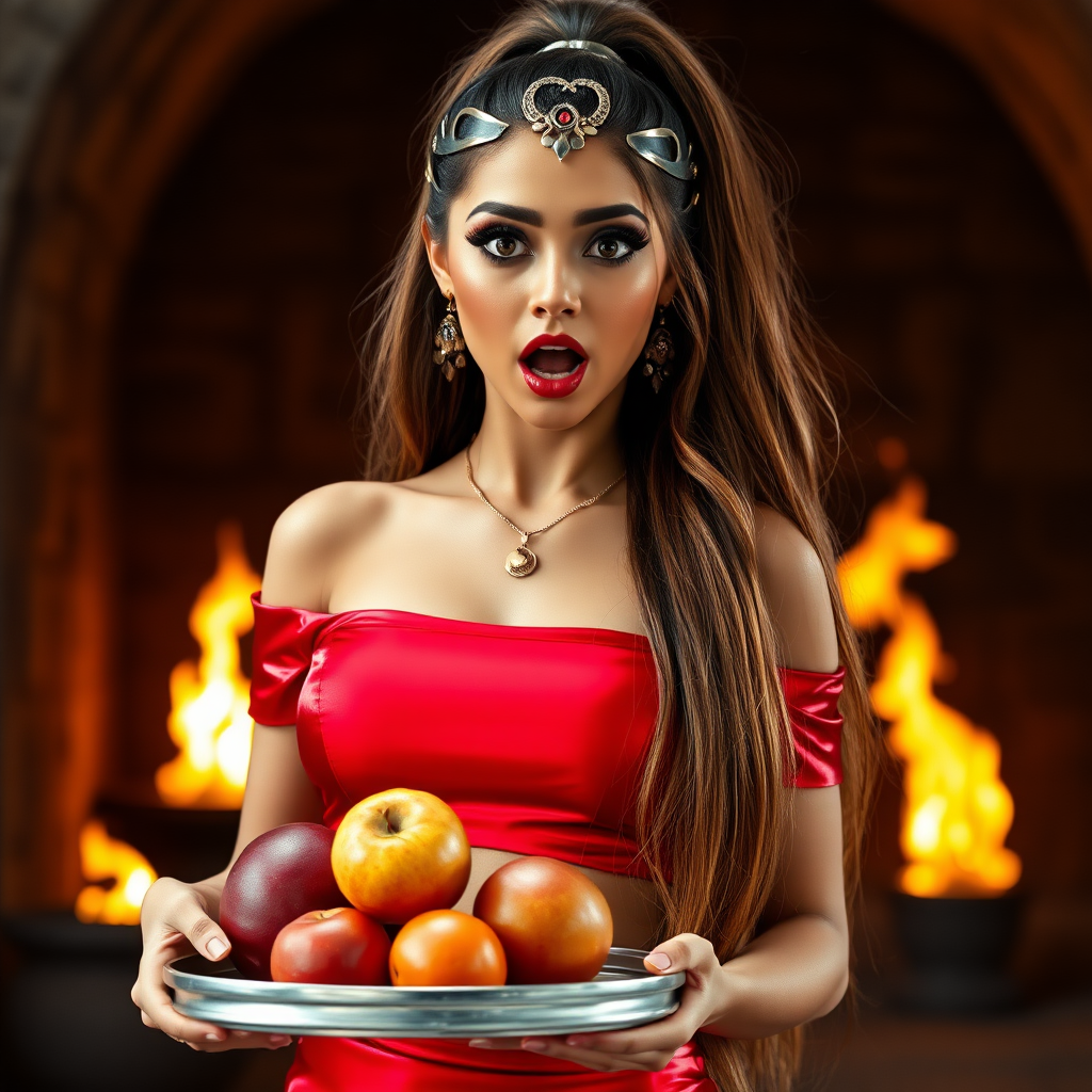 realistic photo of a surprised Arabian model with mouth open. She has very large eyes, black eyeshadow, black eyeliner, fake eyelashes, very tanned skin, very long hair. very high ponytail, she looks like princess jasmine, shiny red off shoulder crop top. photo realistic. She holds a metal tray with fruits just above her waist. crop top, shiny red skirt. full body view. shiny red pencil skirt. dungeon with fire torches in the background.