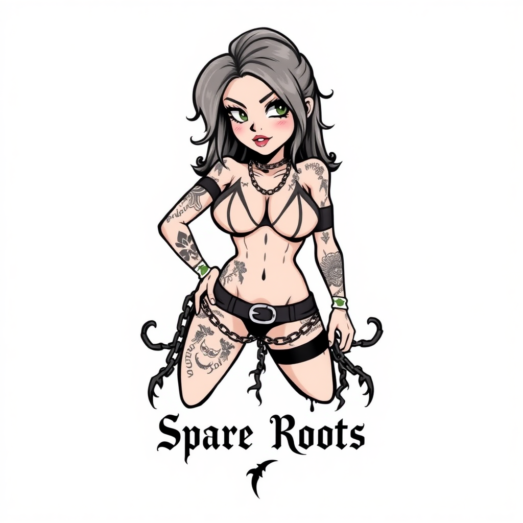 A modern t-shirt design that features a gritty tattooed cartoon woman in underwear and chains. The bottom of the design reads "Spare Roots." The image has a blank white background.