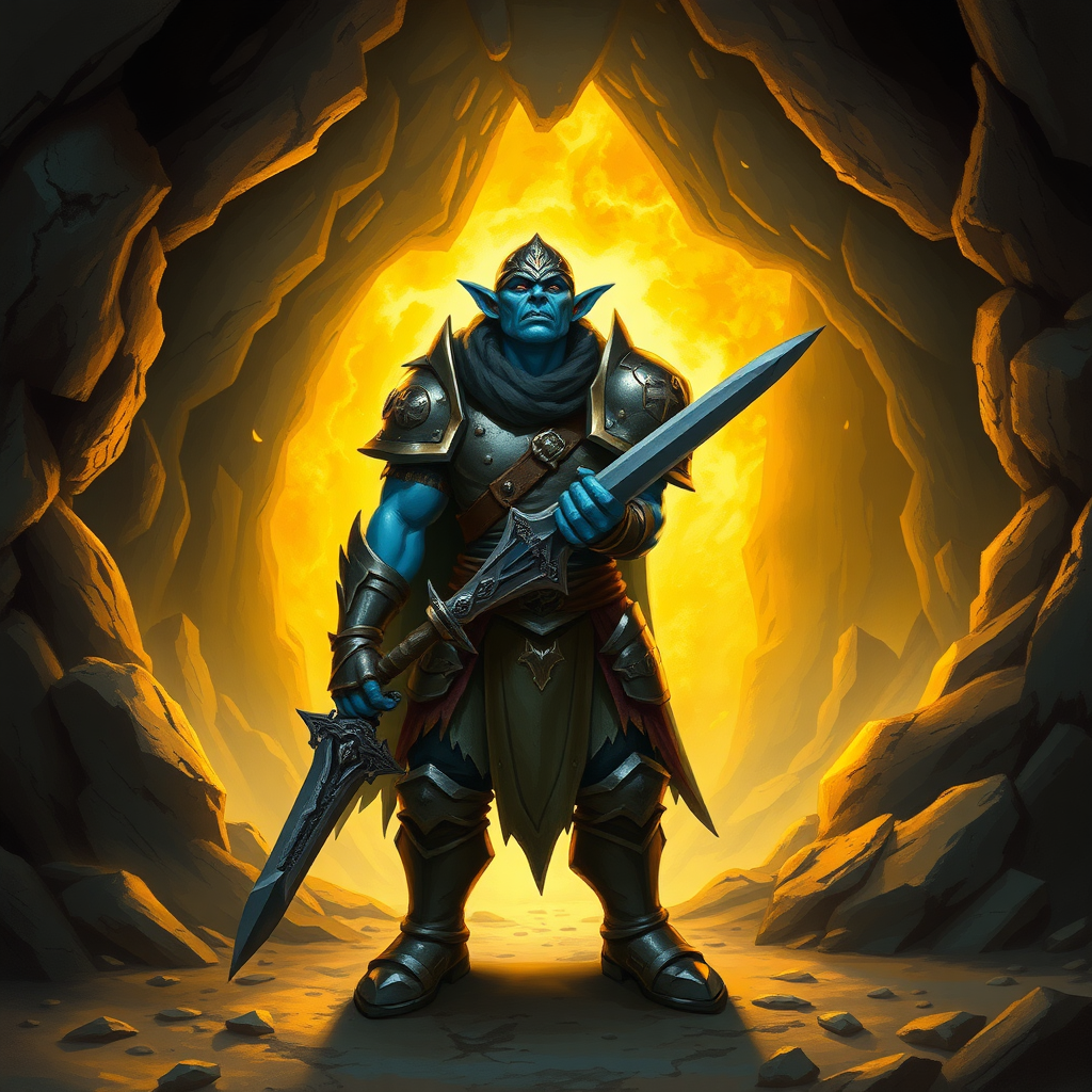 A blue skinned orc in metal armor with a sword and shield stands in a cave with a golden aura around him.