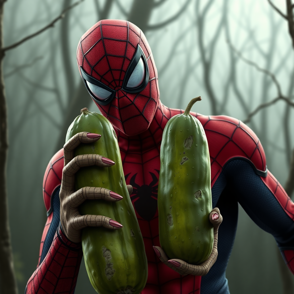 Spider-Man holding a pickle that looks like Nicolas Cage as a swamp creature