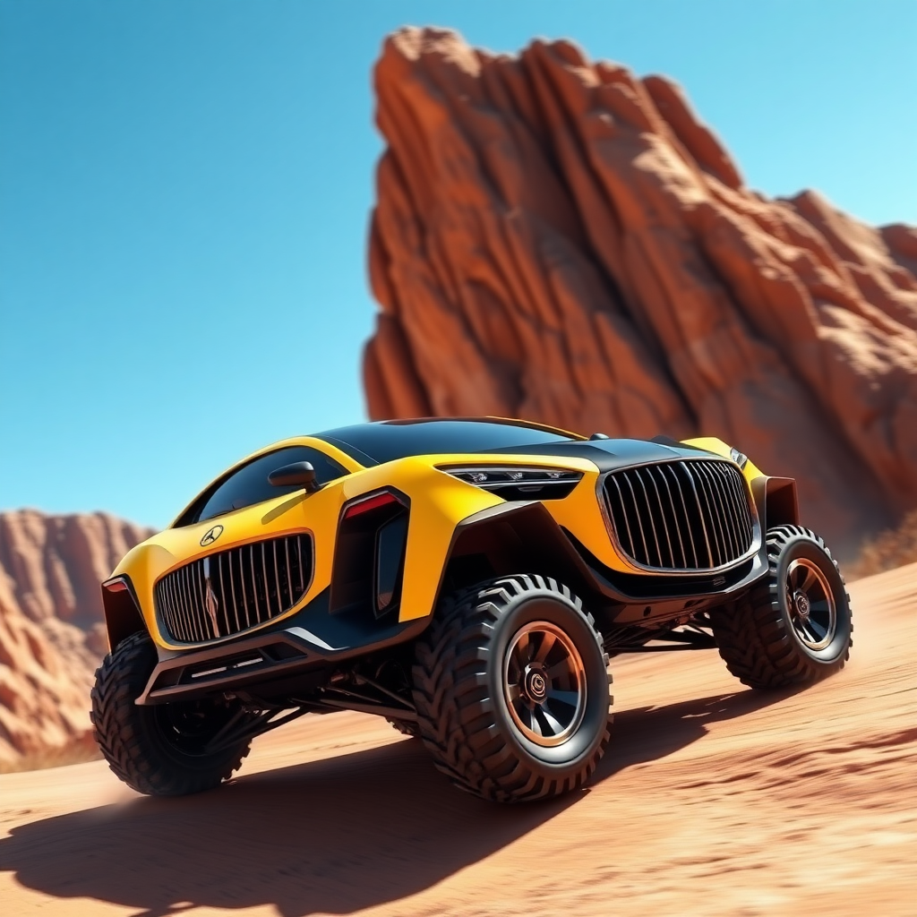 A 3D render of a futuristic Maybach supercar with off-road tires. The car is inspired by the Megazord and has a black and yellow color scheme. The car is driving through a canyon with steep cliffs. The background is clear blue sky.