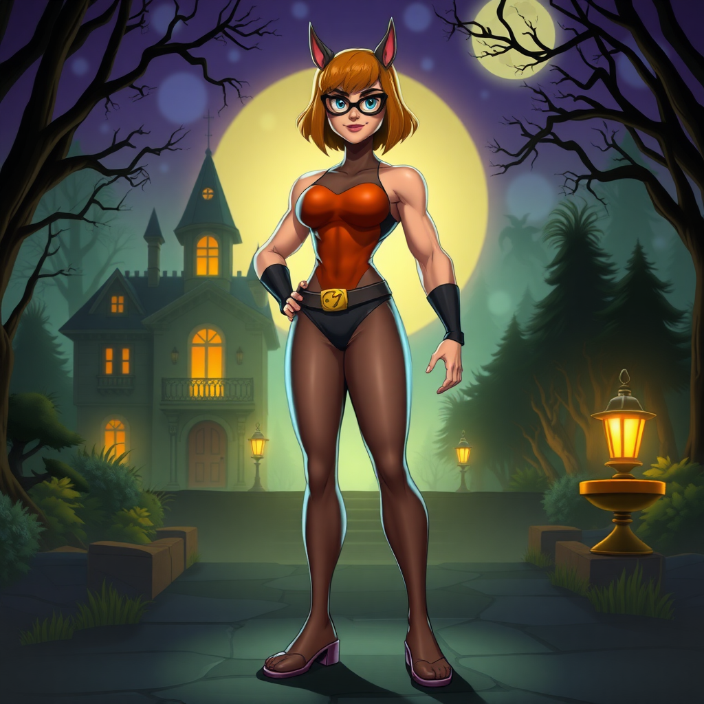 Create a full-length rendered image of a hybrid character inspired by Velma Dinkley, incorporating the silhouette of a male bodybuilder. Maintain the iconic costume elements, adjusting them to fit the new, muscular proportions. Design a vibrant background reflecting the essence of mystery and adventure, drawing inspiration from classic Scooby-Doo settings. Include elements like a spooky mansion or a dark forest, enhancing the overall atmosphere while keeping the character's playful yet intelligent vibe intact. Ensure the image captures a balance between strength and the classic charm of Velma's persona.