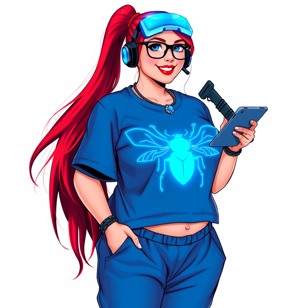 A cyberpunk vigilante’s full-figured intelligent and tech-savvy 29-year-old girlfriend, who is a computer hacker and tech genius. She has a long ruby red ponytail and bright blue eyes. She wears a sapphire beetle gemstone necklace, an oversized Maximum Blue (RGB 71, 171, 204) t-shirt featuring a giant neon blue glowing chest icon of a winged beetle, and matching Maximum Blue sweatpants. She has a full-figured physique with a prominent, enormous, round midsection, reflecting her well-cared-for lifestyle. She sports a sapphire headset with a hi-tech sapphire lensed HUD visor, Maximum Blue (RGB 71, 171, 204) lipstick, black eyeglasses, and a beaming smile with a passionate bright red blush. Despite her figure and a lack of self-esteem, she radiates an air of beauty. She has an angular face which contributes to her radiant beauty. She serves as his tech expert from his hideout, holding a holographic tablet and a hi-tech tool wrench. The background is solid white. She is drawn as if she was in a retro 2D cyberpunk fighting game. Make sure her outfit covers her midsection.