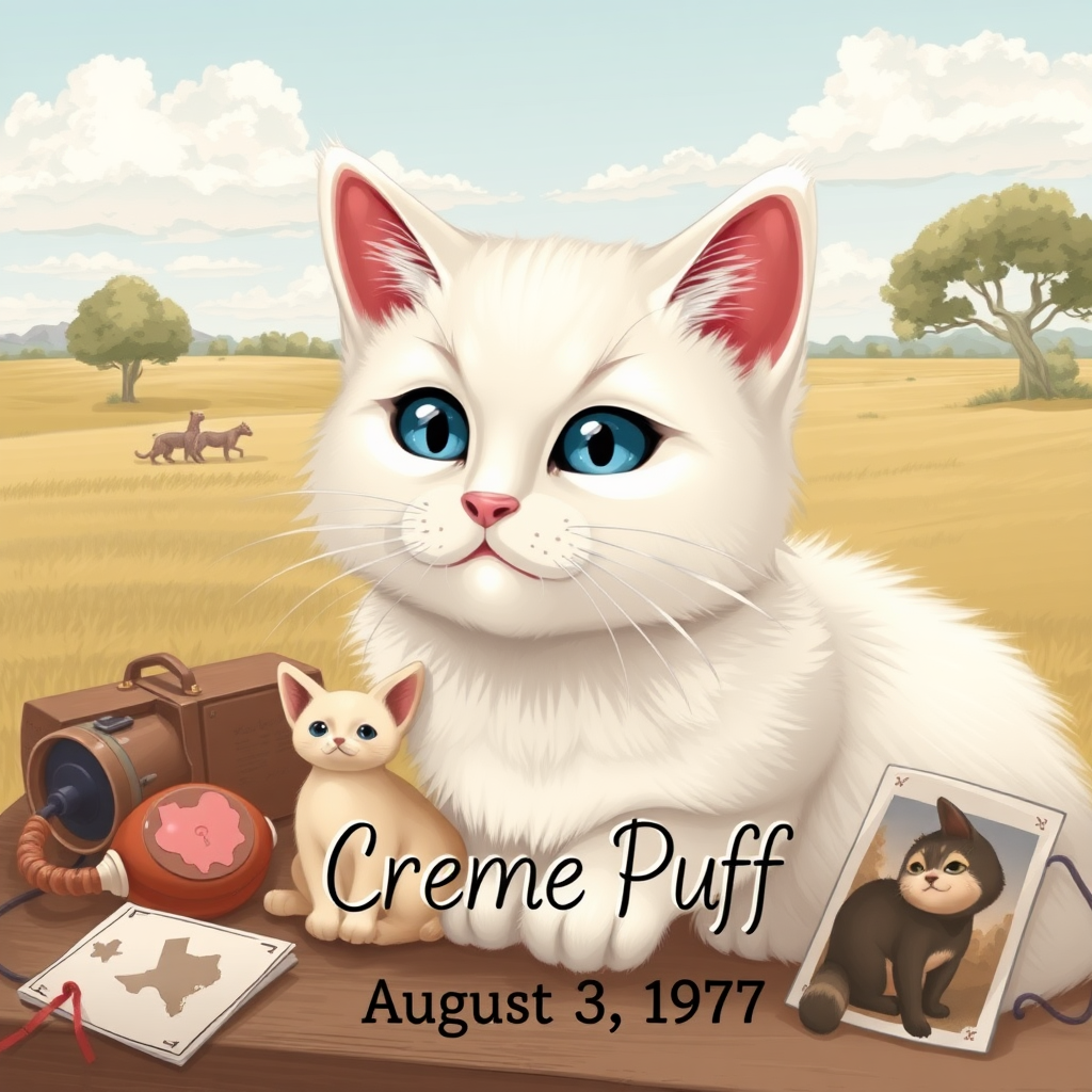 Create an illustration of a cat named Creme Puff, born on August 3, 1967, in Texas, United States. Depict Creme Puff with soft white fur and shining blue eyes, surrounded by a typical Texas landscape, such as open fields and trees. Add nostalgic elements like vintage cat toys or black-and-white photos to evoke the past. The illustration should capture Creme Puff's cheerful and loving personality, along with the spirit of the era reflecting the year 1967.