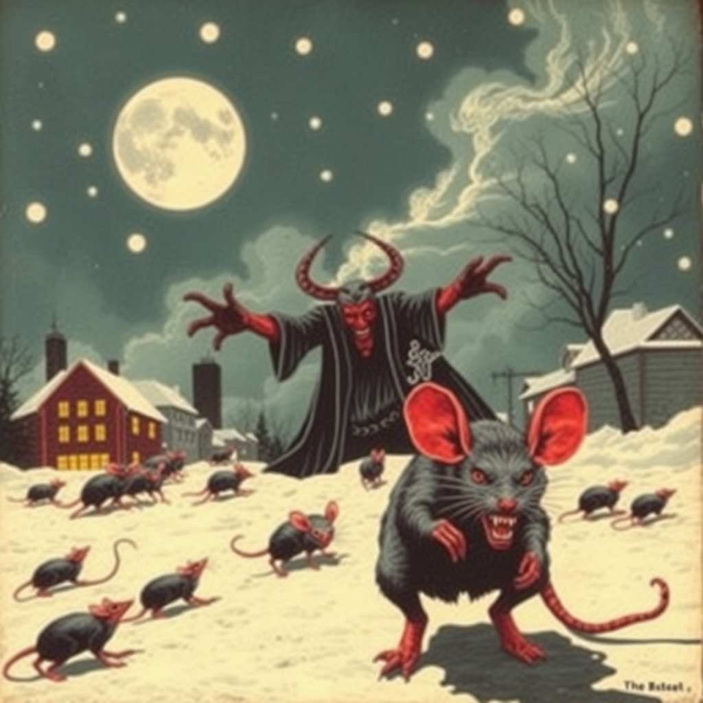 Demon rats invading Boston, 60s, Satan, blizzard, Chinese woodcut