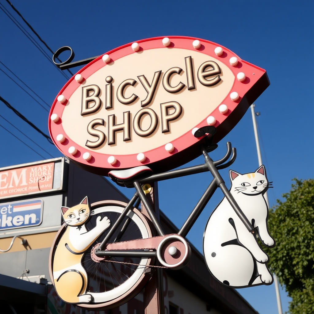 bicycle shop sign cats