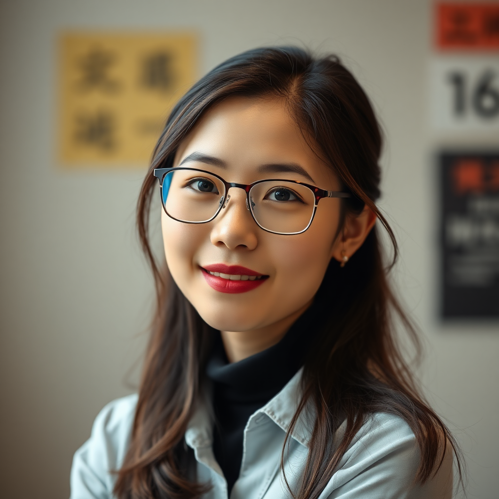 Help me produce a photo, full body shot, Chinese woman, a female teacher, with elegance and charm, sexy, wearing glasses, dressed lightly, around twenty to thirty years old.