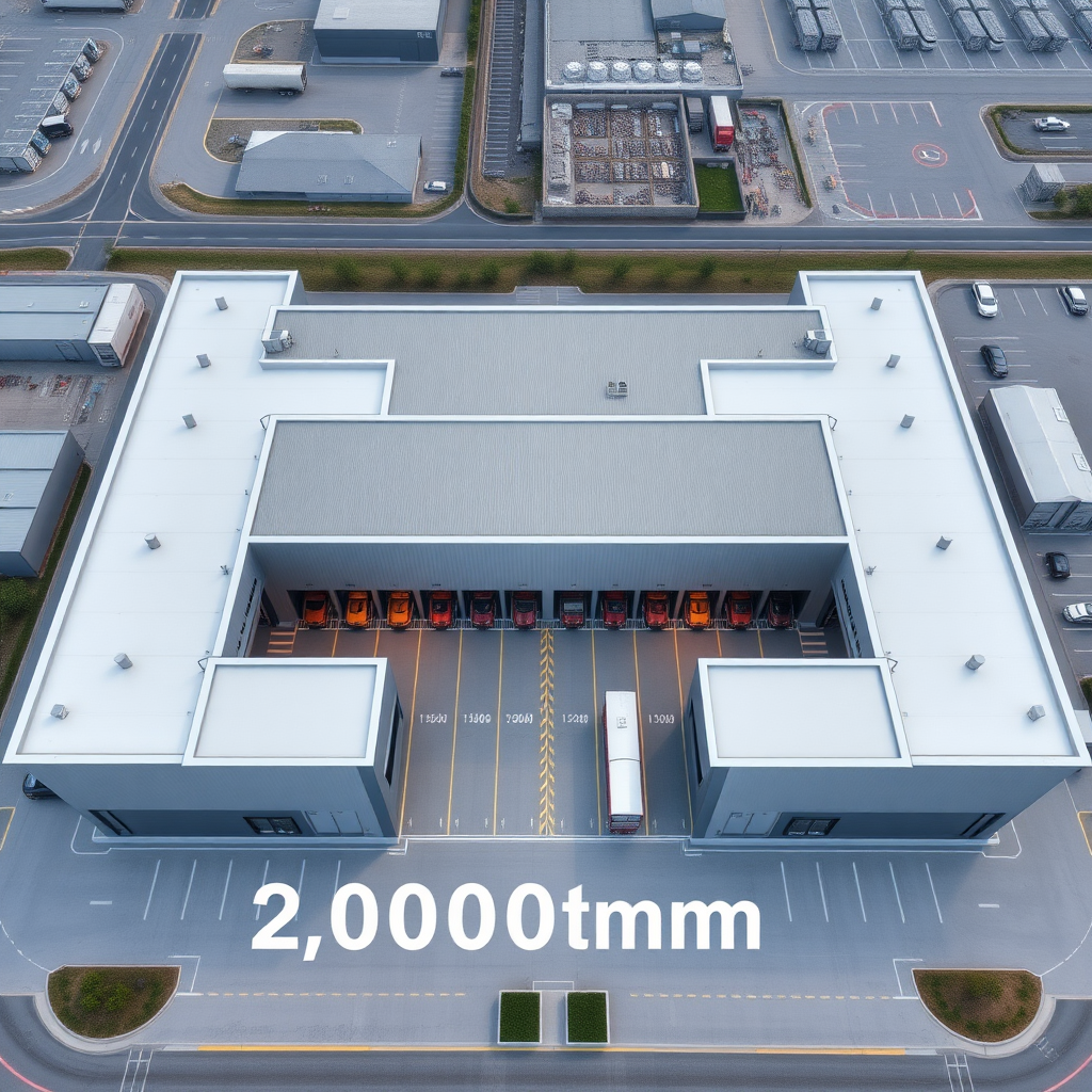 Modern logistics center 20,000m², building shape as a U, with two-story truck docking, from a bird's eye view.