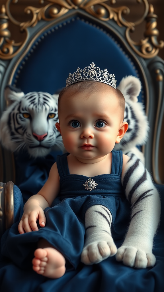 A cute small chubby fair baby with big eyes, pink lips, and pink cheeks wearing a royal dark blue dress is sitting on a navy blue throne next to a white fluffy cute tiger in a cinematic (realistic) setting.