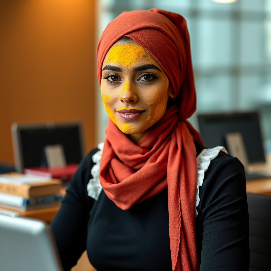 slim, modern, french maid, long scarf head, turmeric paste on face, working in office