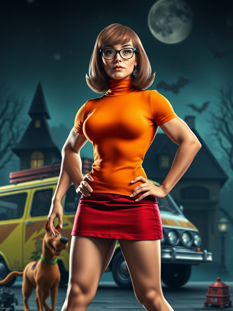 Generate a realistic, full-length portrait of Velma Dinkley with the inverted triangle body of a male bodybuilder. Keep her signature head, hairstyle, and facial features. Modify her outfit to fit her new muscular physique. Use elements from the Scooby-Doo universe for the background.

Image details:

* **Style:** Photorealistic
* **Pose:** Standing
* **Expression:** Confident, slightly smug
* **Lighting:** Dramatic, highlighting her muscles
* **Background:** Inspired by Scooby-Doo (Mystery Machine, spooky mansion, etc.)

Character details:

* **Head:** Velma Dinkley's head, including her signature glasses, hairstyle, and facial features
* **Body:** Inverted triangle body of a male bodybuilder, with well-defined muscles
* **Outfit:** Modified version of Velma's classic orange turtleneck and red skirt to fit her muscular build