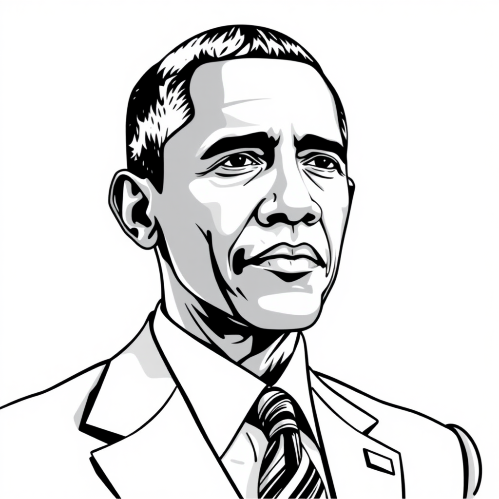 black and white thin line vector illustration with shading and detailed features of President Barack Obama