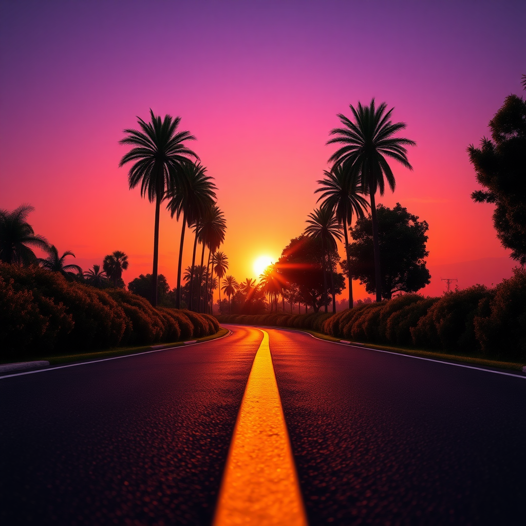 a tranquil sunset scene on a winding road, showcasing a low perspective view of the asphalt with a vibrant yellow line cutting through the center. Tall, slender palm trees on either side stretch upwards against a gradient sky, transitioning from deep purple to fiery orange and soft pink hues. Lush silhouettes of bushes and trees frame the scene, creating a sense of depth and tranquility. The setting sun is partially obscured, casting warm, golden light that highlights the texture of the road and offers a soft glow to the foliage. The overall composition exudes a dreamy, serene atmosphere reminiscent of hyperrealistic photography.Viral animation nature wallpaper quality