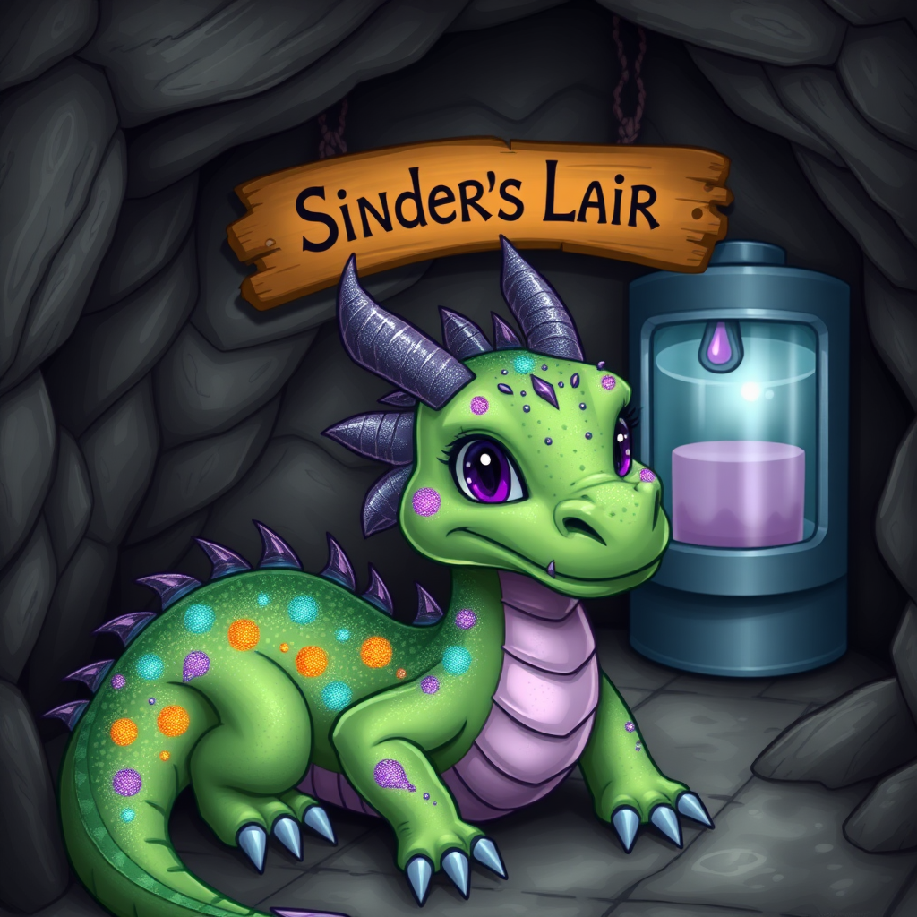 A green dragon with rainbow sparkly spots and purple skin and eyes but no horns in a dragon cave with a sign above it that says "Sinder's Lair". There is a smoothy machine in the background.