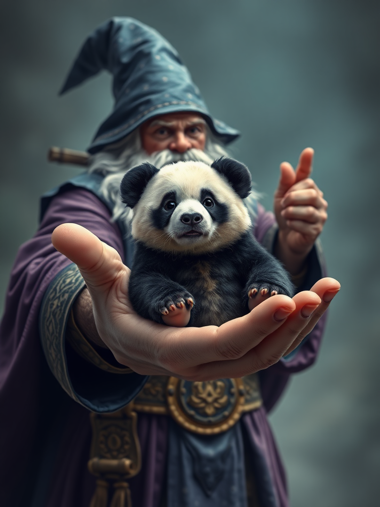 A great wizard holding out an open hand, inside the hand is a small panda bear. The bear looks worryingly up at the wizard.