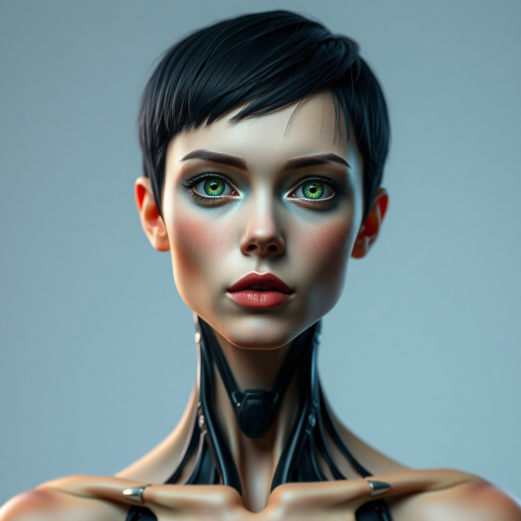 A photograph of a female cyborg with short black hair and green eyes. She has bare feet.