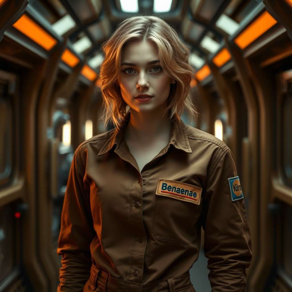 A twenty something female like Ana de Armas, athletic, medium length wild strawberry blond hair, in a brown jumpsuit standing in a dimly lit hallway of a spaceship with a uniform name tag sewn on her left chest pocket that says "Benaenae"