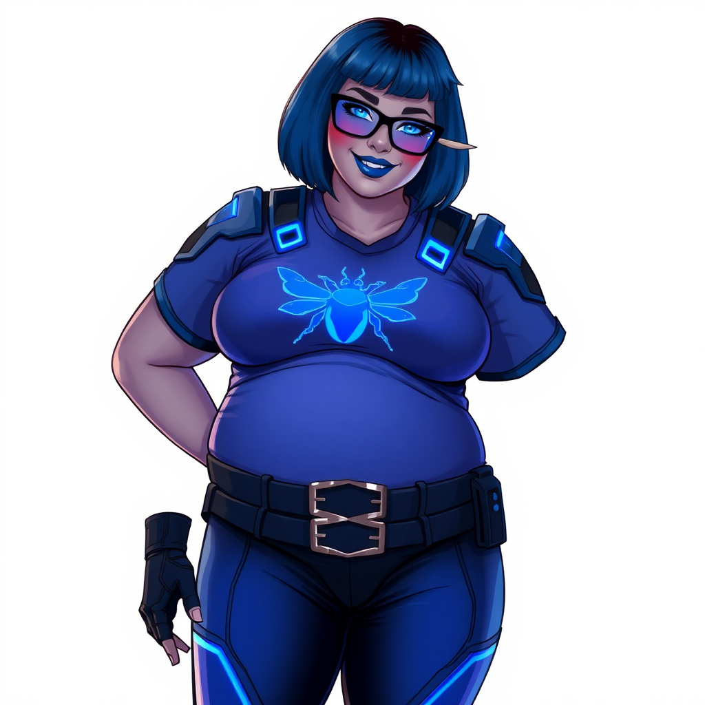 A 28-year-old, full-figured, middle gray skinned computer program hybrid with a maximum blue bob cut. She has a non-athletic build, highlighted by a prominent, round, large midsection (with heavy emphasis on her large belly). As the full-figured digital sidekick to her cyberpunk vigilante boyfriend, her middle gray metallic skin and maximum blue lipstick emphasize her digital nature. She wears a digital, computerized costume inspired by DC’s Carrie Kelly Robin, consisting of a huge, tight-fitting, maximum blue t-shirt with a neon blue glowing chest icon of a beetle, hi-tech shoulder pads with neon blue accents, a black hi-tech belt with a digital neon blue glowing buckle, digital maximum blue pants with neon blue accents, and black hi-tech fingerless biker gloves with neon blue glowing accents. Her neon blue glowing eyes, black eyeglasses with a neon blue glowing HUD built into the lenses, and shy smile with neon red blush accentuate her nerdiness. She stands bashfully with one hand behind her back and the other hand gently touching her cheek, her costume covering all her skin and emphasizing her full-figured physique (especially her belly). She is clearly non-athletic, with a heavy focus on her large belly. Despite her build, she radiates beauty. She has a slim face compared to her physique, accentuating her radiant beauty. She is on a solid white background. She is drawn as if she were in a retro 2D cyberpunk fighting game.