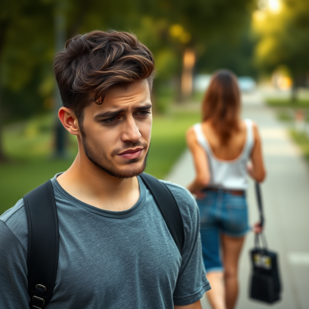 Picture of a 25 year old man who's crying while a beautiful 25 year old woman walks away from him. You see the woman's backside walking away from the man as he faces the camera.