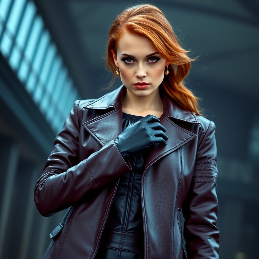 A gorgeous professional photo of a beautiful, young, slim, tall, pale auburn-haired woman in expensive, elegant leather coat and leather dress with long leather gloves and long leather boots. She is looking unamused, dominant, in control and powerful. femme fatale, 32k resolution, sharp focus, hyperrealistic, photography, highly detailed, smooth, nikon, award winning, breathtaking, groundbreaking, superb, outstanding.