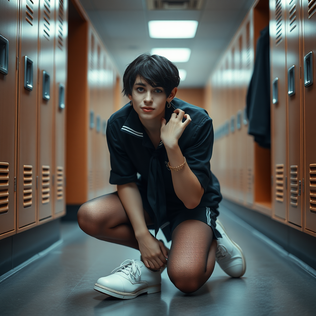 photorealistic, ultra high resolution, 16K, surreal fantasy, soft studio lighting, a pretty 17 year old goth male, slim male physique, short dark hair, blue eyes, goth makeup, earrings, sheer pantyhose, UK girls-school uniform, Mary-Jane shoes, kneeling on the floor of the locker room looking up at the camera, excited smile, facing the camera.